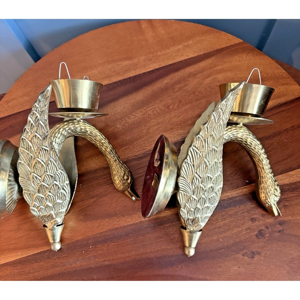 Vintage Brass Swan Wall Sconces 8" Pair Hollywood Regency Taper Holders Rare